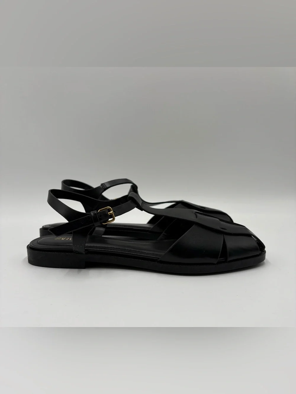 Zara Black Leather T-Strap Flat Sandals - Picture 2 of 6